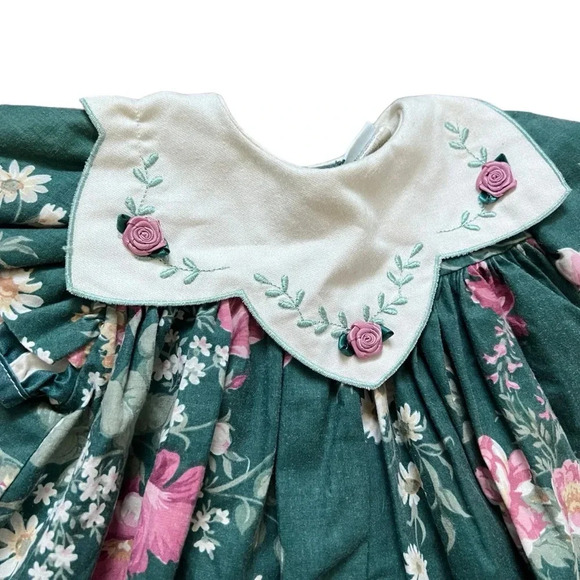 Vintage Peaches ‘n Cream Baby Dress – Forest Green Floral, Rose Bib, Size 12M - Picture 2 of 8